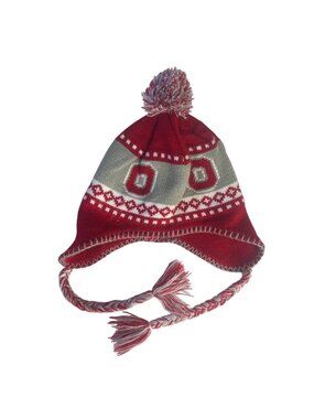 Ohio State Knit Winter Hat Braided Tassels Pom Red Gray OS 47 Brand
